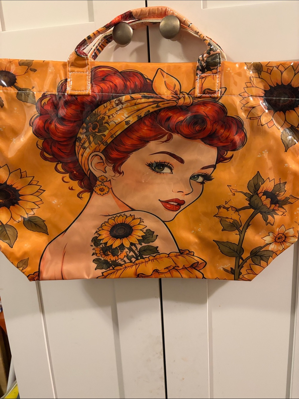 Sunflower Print Orange Tote Bag - Fashion Illustration New Large Bag Vinyl.